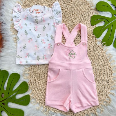  Conj. Blusa e Jardineira Borboleta Bordada - Rosa